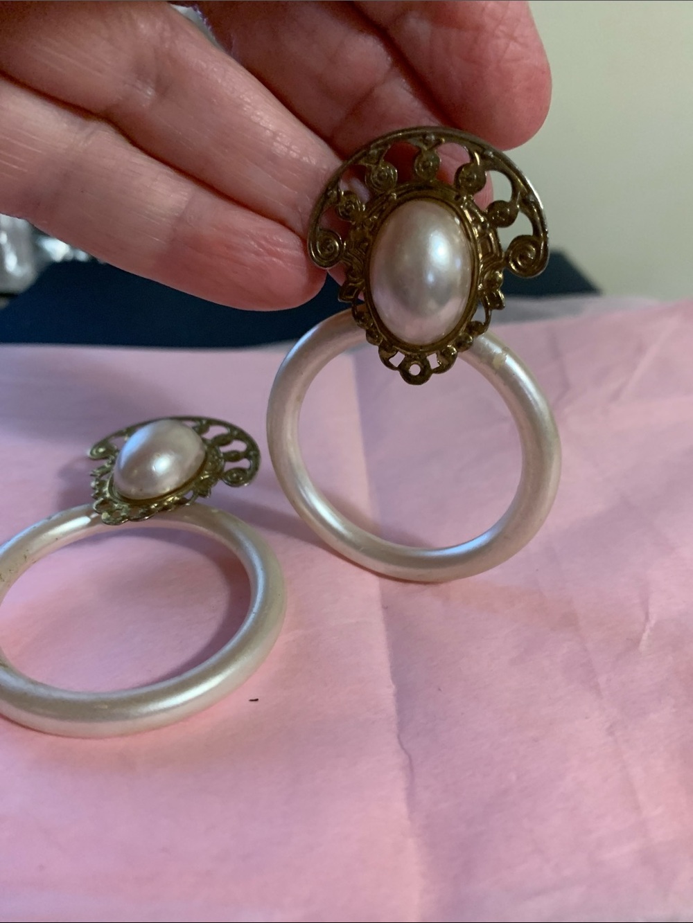 Gold-Tone Faux Pearl Cabochon Hoop Drop Earrings in Cream and Gold - Picture 6 of 6